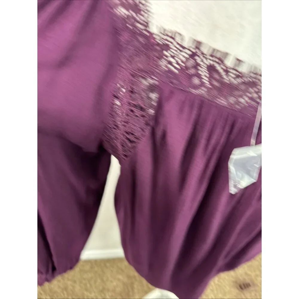 Free People Women M Oversized Square Neck‎ Lace Crepe Blouse Purple NWOT